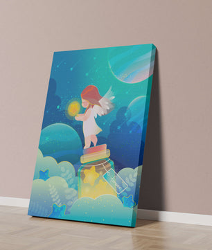 Enchanting angel collecting stars in a dreamy night sky
