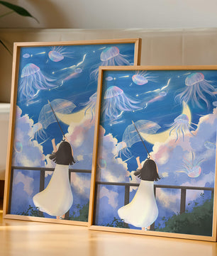 Young girl with umbrella watching surreal jellyfish sky