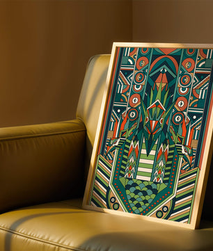 Design géométrique abstrait inspiré de l’Art déco avec des motifs symétriques et un motif animal