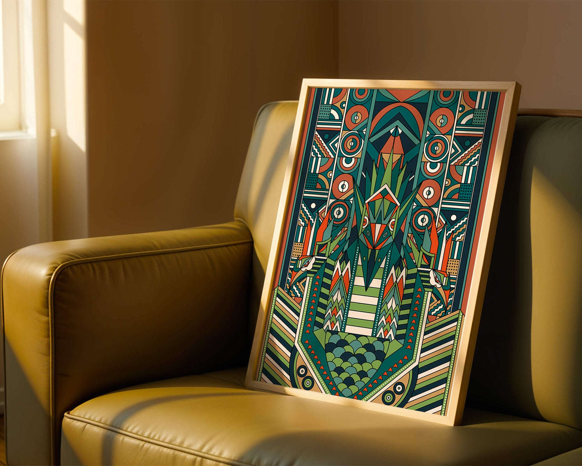 Art Deco Inspired Abstract Geometric Design with Symmetrical Patterns and Animal Motif