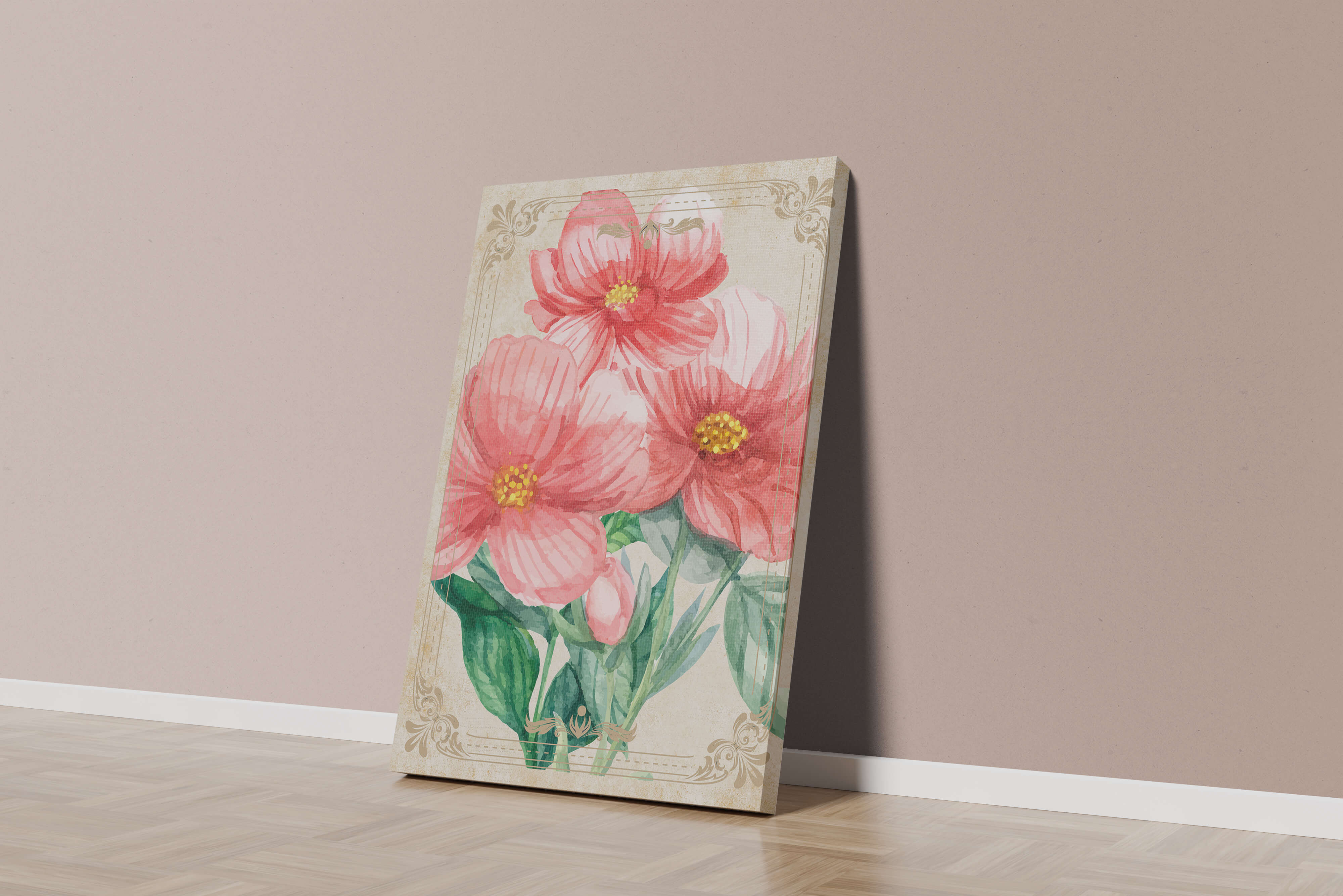 Watercolor floral illustration with pink blooms and green foliage