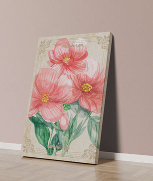 Watercolor floral illustration with pink blooms and green foliage
