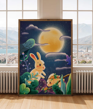 Charming illustration of rabbits under a full moon in a vibrant night garden