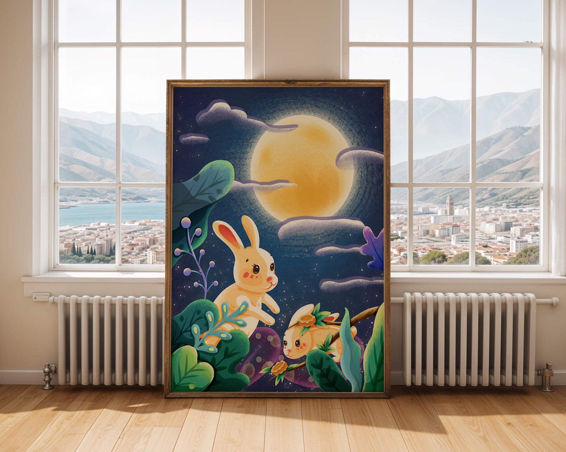 Charming illustration of rabbits under a full moon in a vibrant night garden