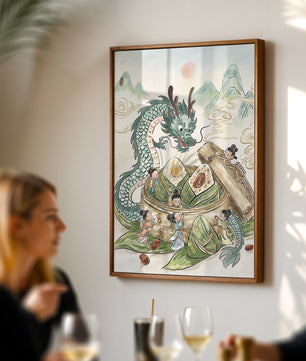 Dragon and Steamed Dumplings with Children in a Mountainous Landscape