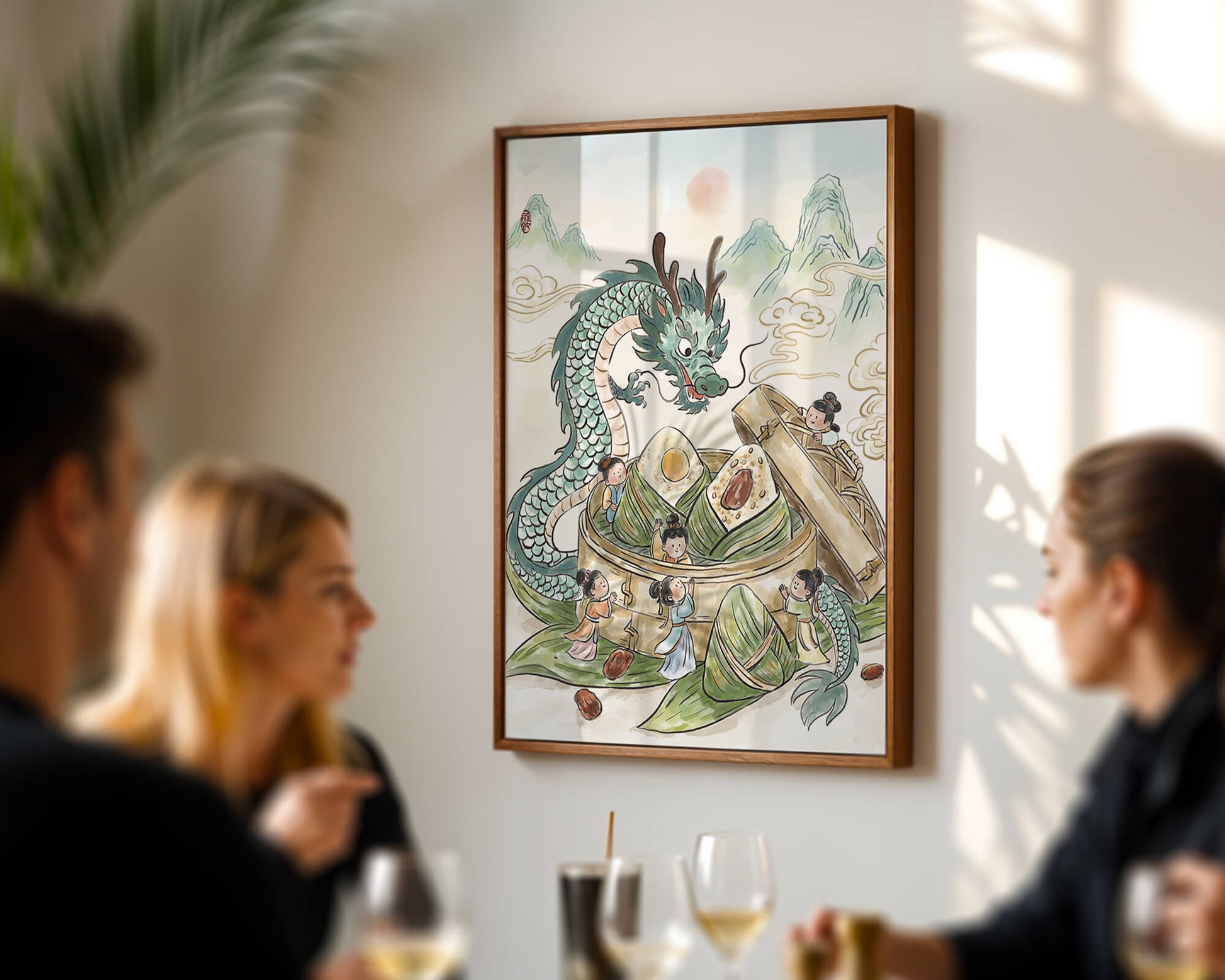 Dragón y dumplings al vapor con niños en un paisaje montañoso