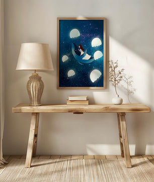 Dreamlike scene of a girl riding a whale among jellyfish in space