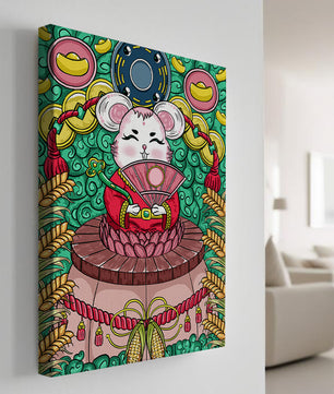 Ratón decorativo encantador con elementos asiáticos y monedas sobre un fondo vibrante