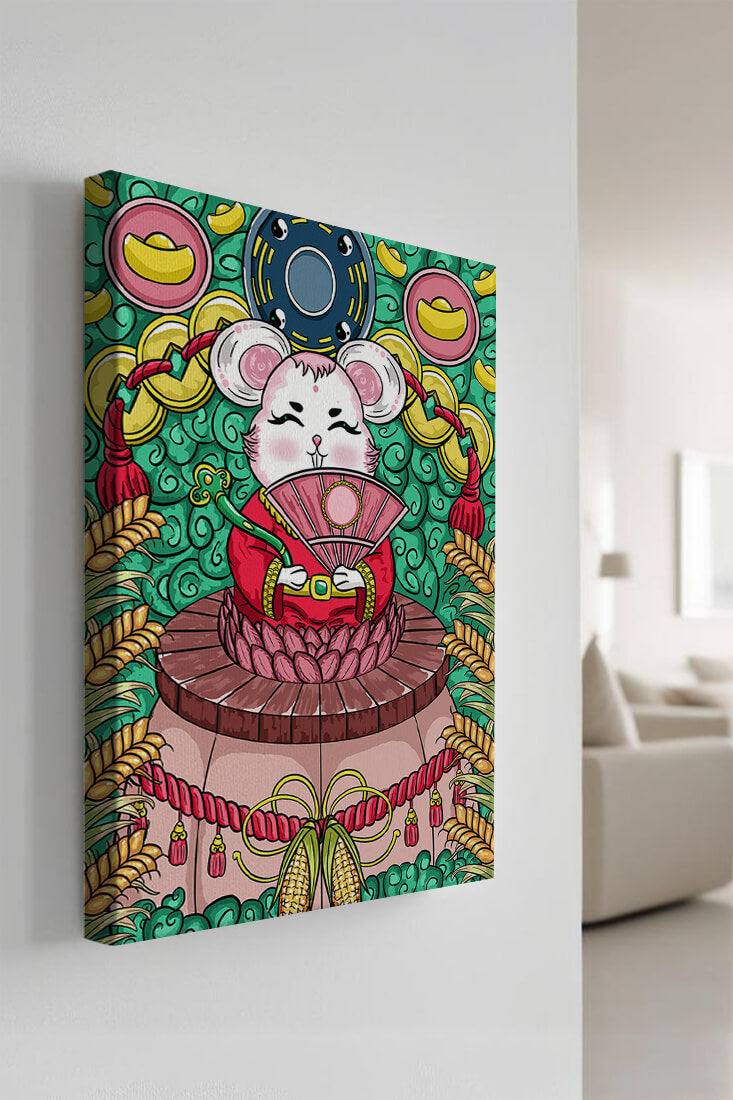 Encantador ratón decorativo con elementos asiáticos y monedas sobre un fondo vibrante.