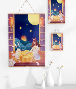 Moonlit Night with Lanterns and Tea Ceremony Featuring Rabbits and Mooncakes