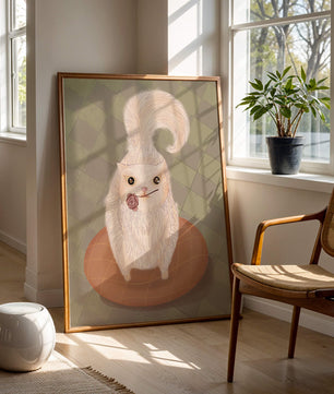Illustration of fluffy cat with rose on a cushion