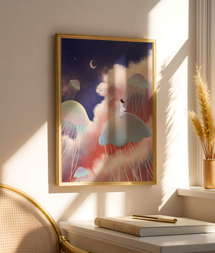 Dreamy Scene with Floating Jellyfish and Moonlit Sky