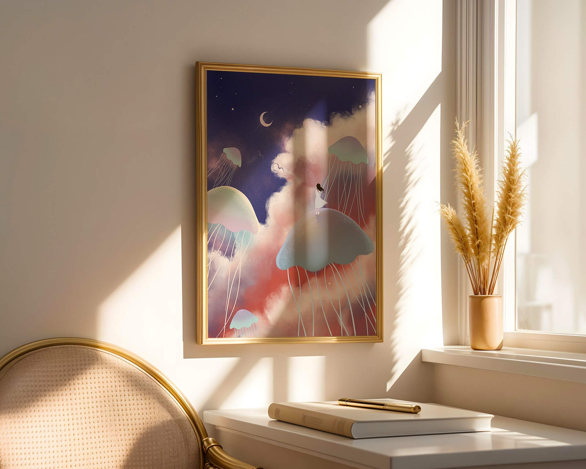 Dreamy Scene with Floating Jellyfish and Moonlit Sky