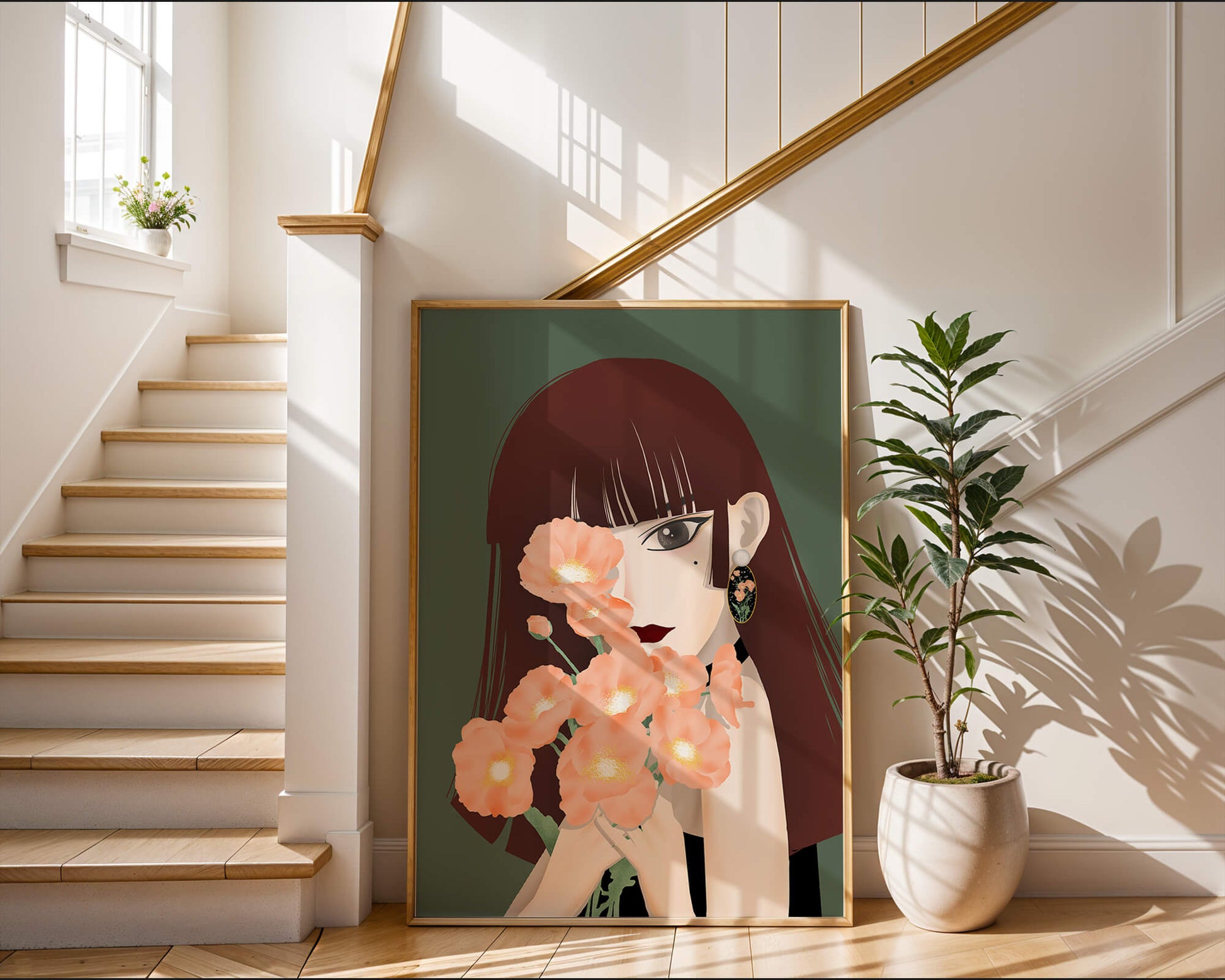 Porträt einer Frau mit Blumenstrauß und elegantem Ohrring