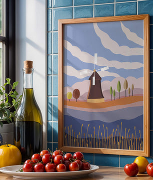 Paysage coloré avec moulin à vent et arbres abstraits