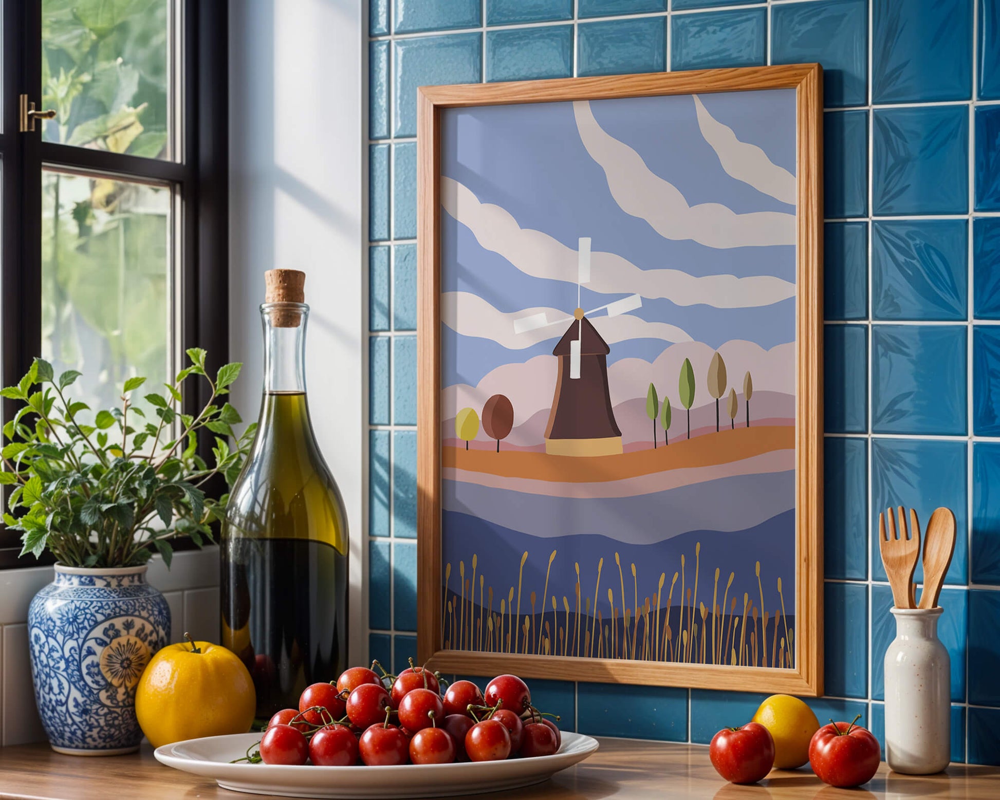 Colorful Landscape Featuring Windmill and Abstract Trees