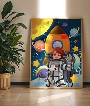 Young Astronaut with Rocket and Planets in Space Adventure