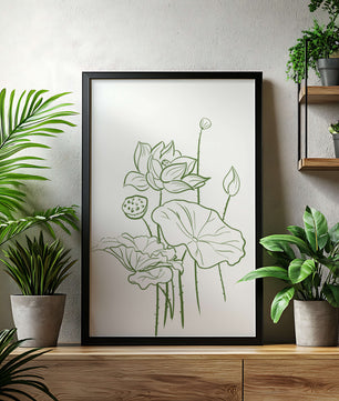 Botanische Illustration einer Lotusblume mit grüner Strichzeichnung auf weißem Hintergrund