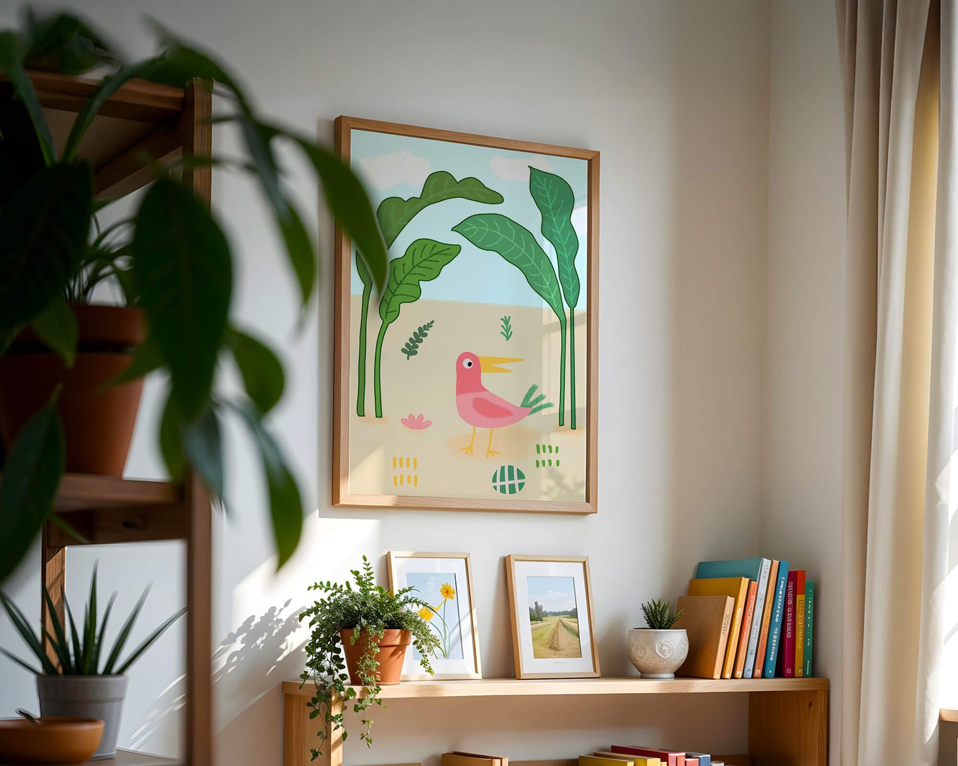 Colorful bird with large leaves and playful design