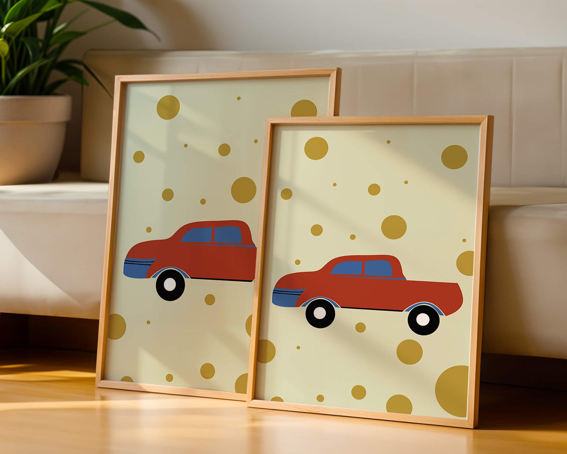 Abstract illustration of a red car with golden circles on a beige background