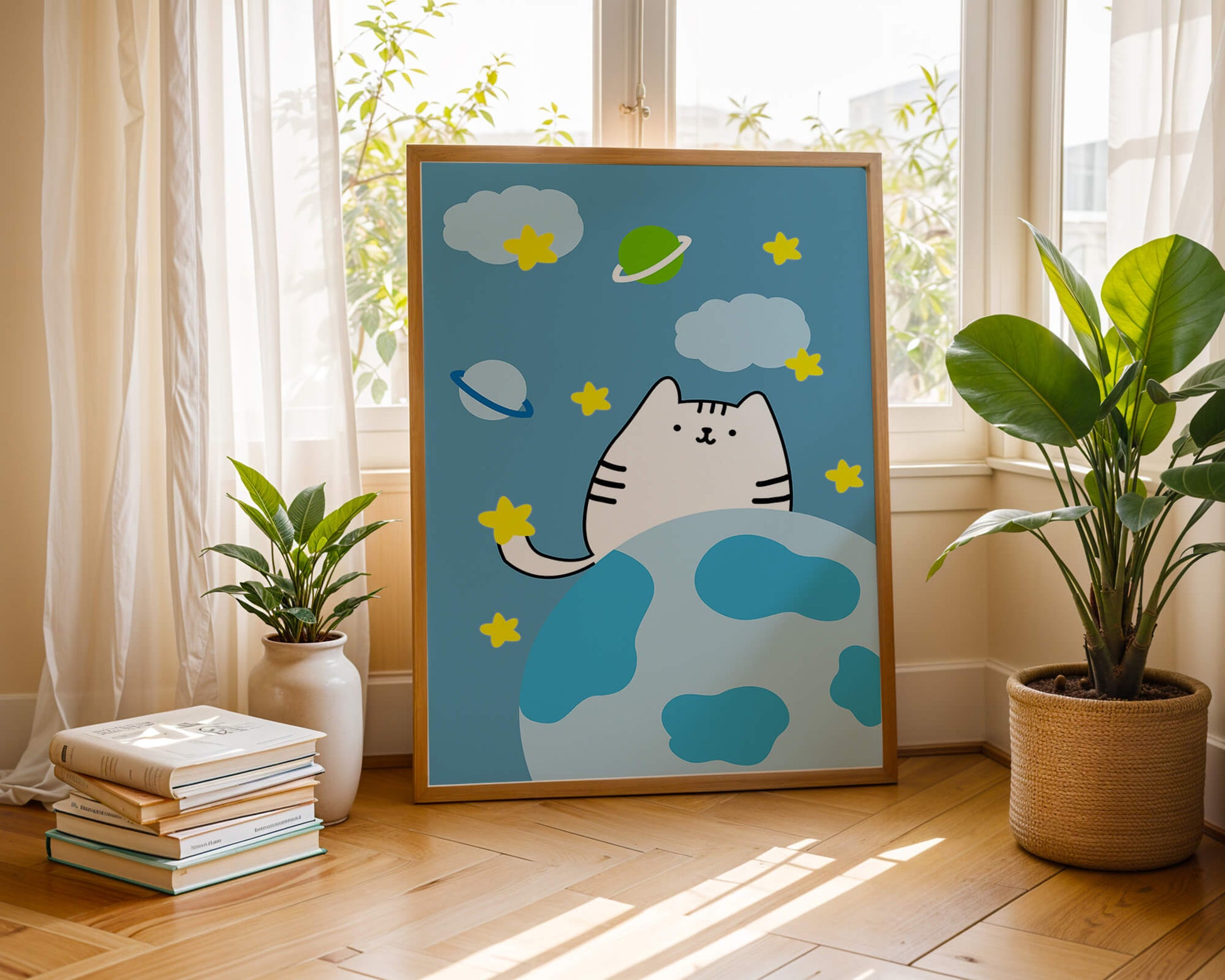 Ilustración encantadora de un gatito en una escena espacial caprichosa con nubes y estrellas