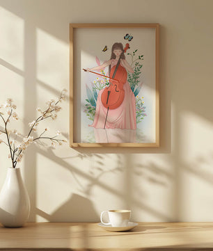 Girl Playing Cello Surrounded by Nature with Butterflies - Mi tienda