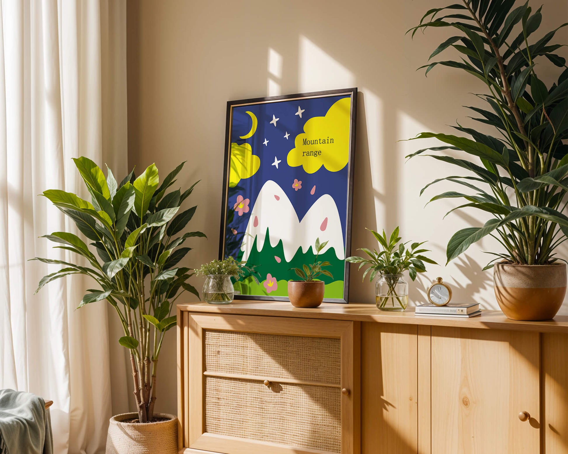 Stylized mountain landscape with starry night background and vibrant clouds