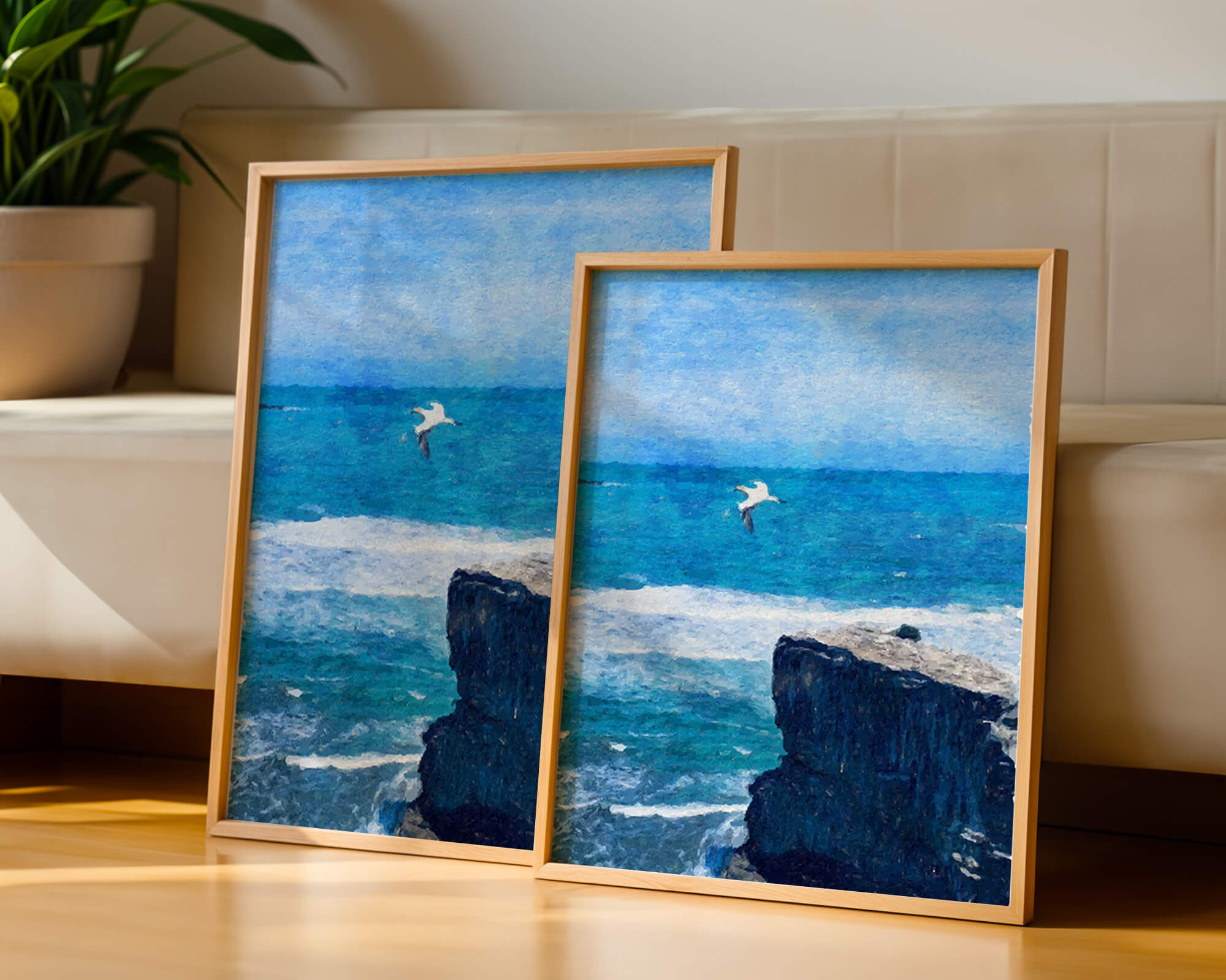 Seascape with soaring seagull over rocky cliff and ocean waves