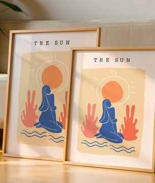 Modern abstract art poster featuring the sun and a serene figure in blue and coral tones - Mi tienda