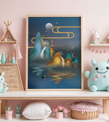 Abstract landscape with golden deer and layered mountains in serene night scene