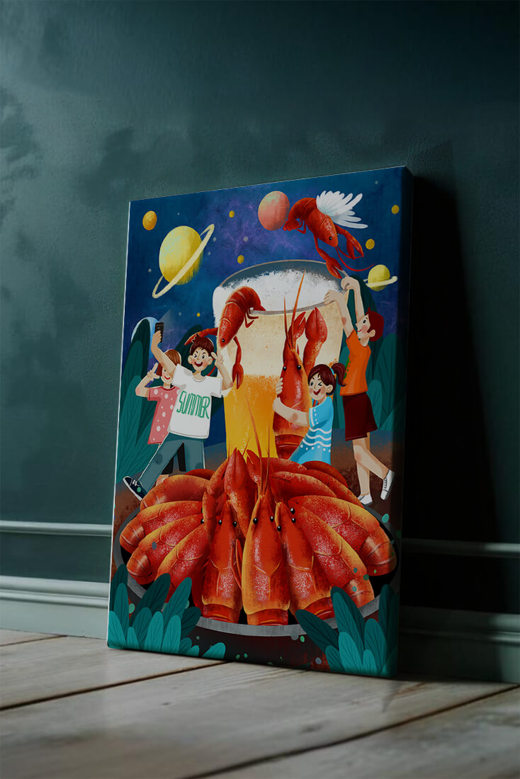 Fantasy illustration with cosmic lobsters and friends enjoying a summer feast