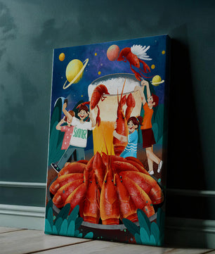 Ilustración de fantasía con langostas cósmicas y amigos disfrutando de un banquete de verano