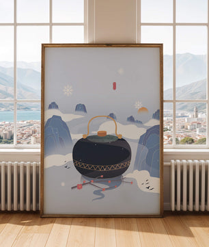 Peaceful winter landscape with kettle and cherry blossoms