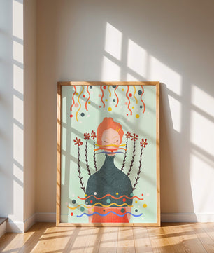 Whimsical Abstract Art of a Woman with Flowers and Streamers - Mi tienda