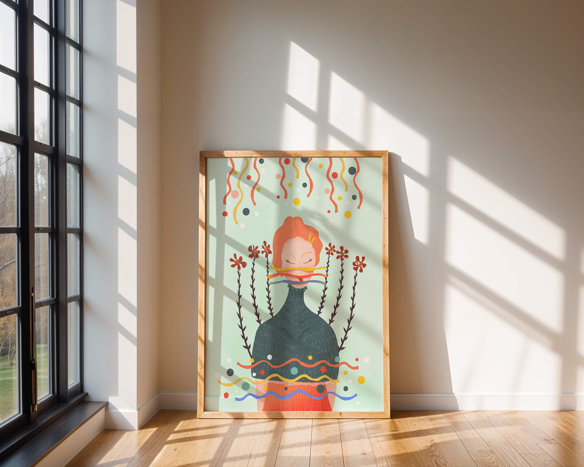 Whimsical Abstract Art of a Woman with Flowers and Streamers - Mi tienda