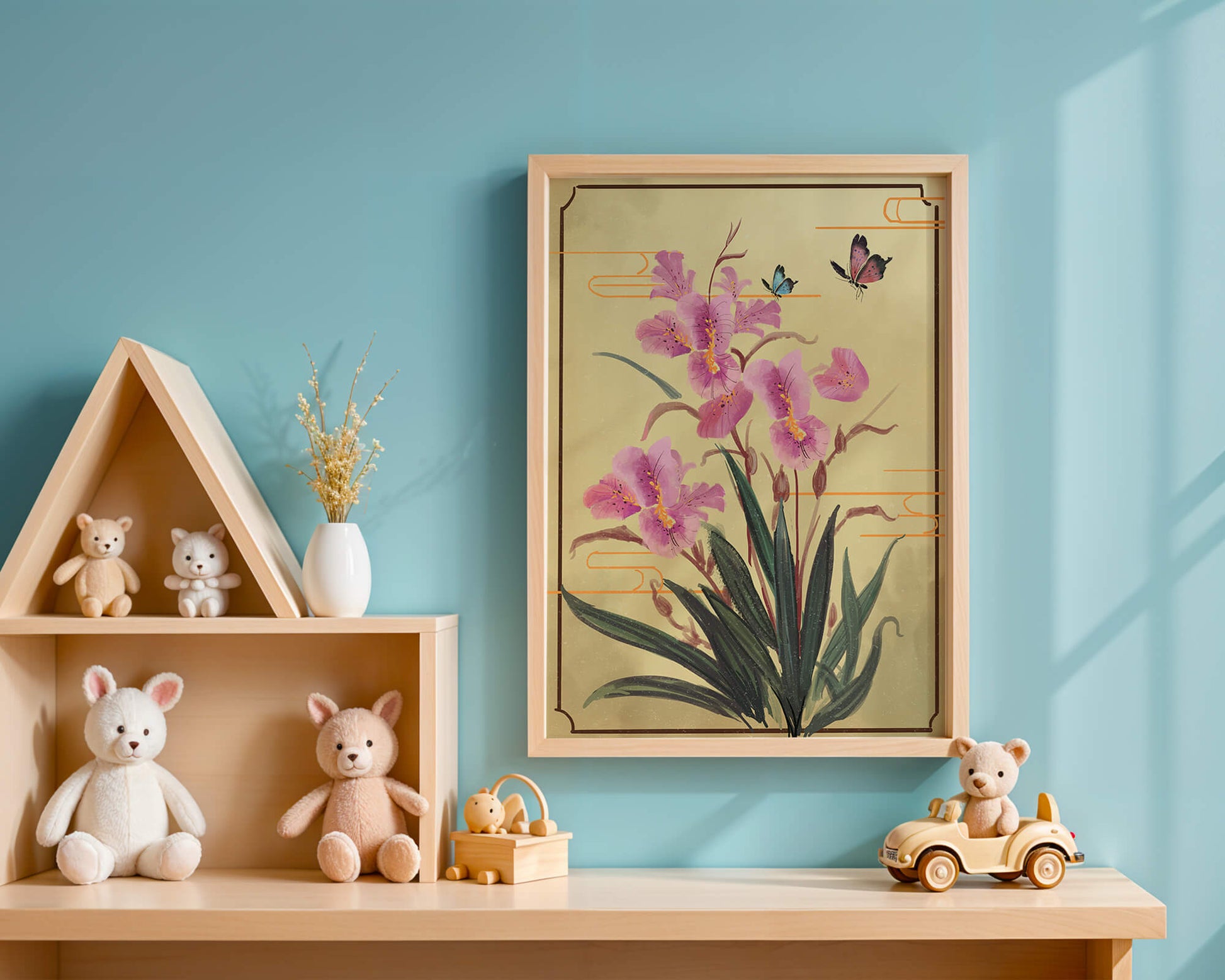 Elegant Floral Composition with Butterflies and Ornamental Background