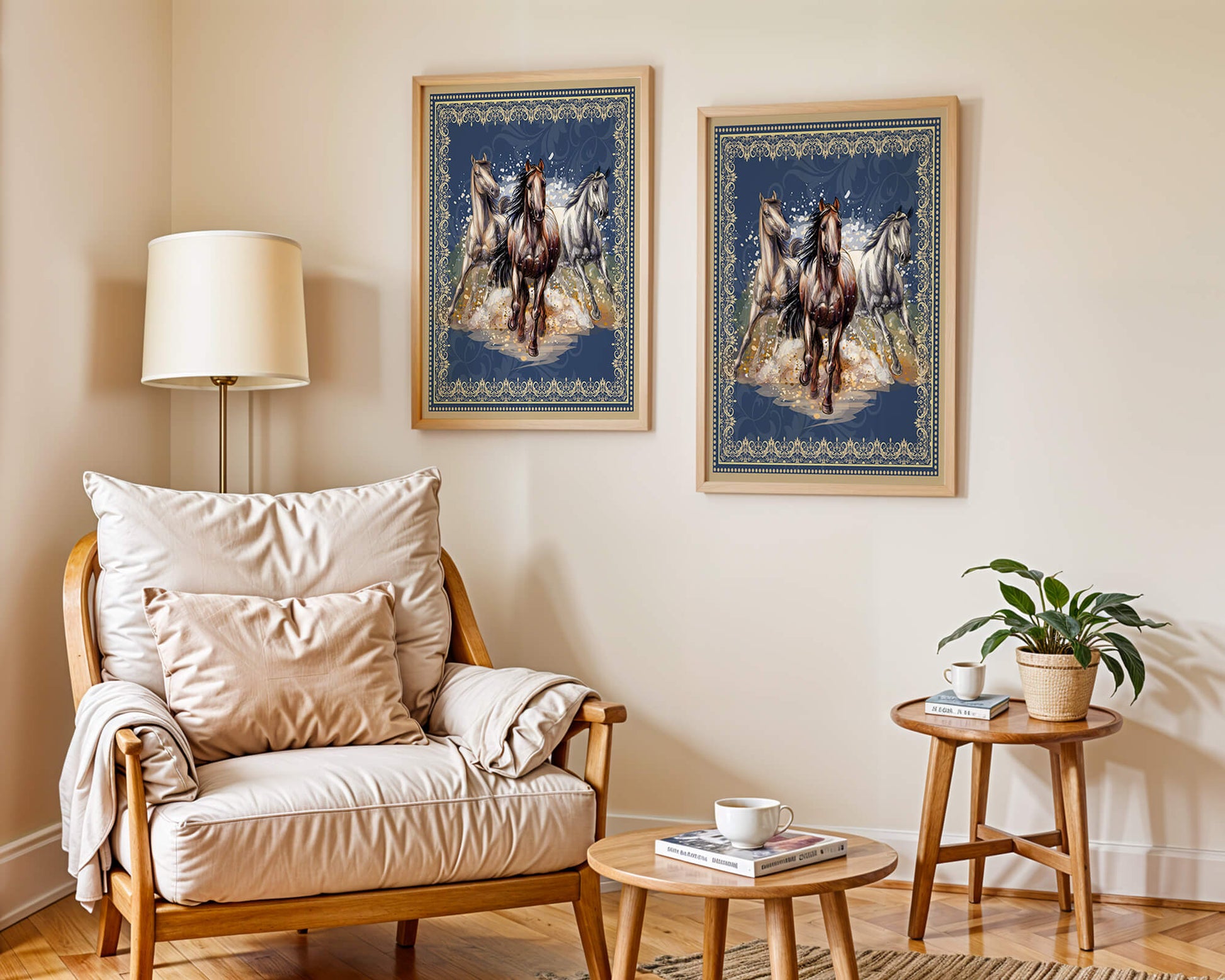 Running horses framed with elegant golden border on a blue background