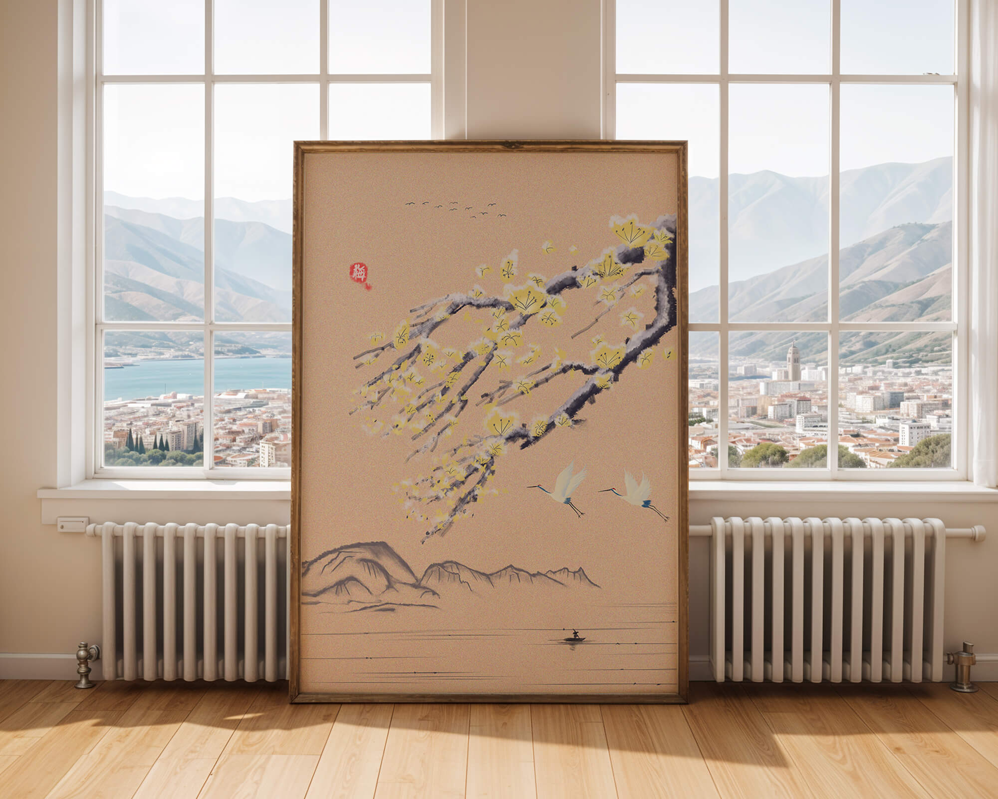 Tranquil landscape with blooming branches and flying cranes