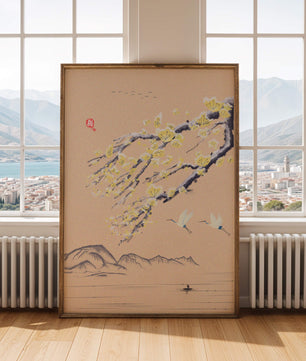Tranquil landscape with blooming branches and flying cranes