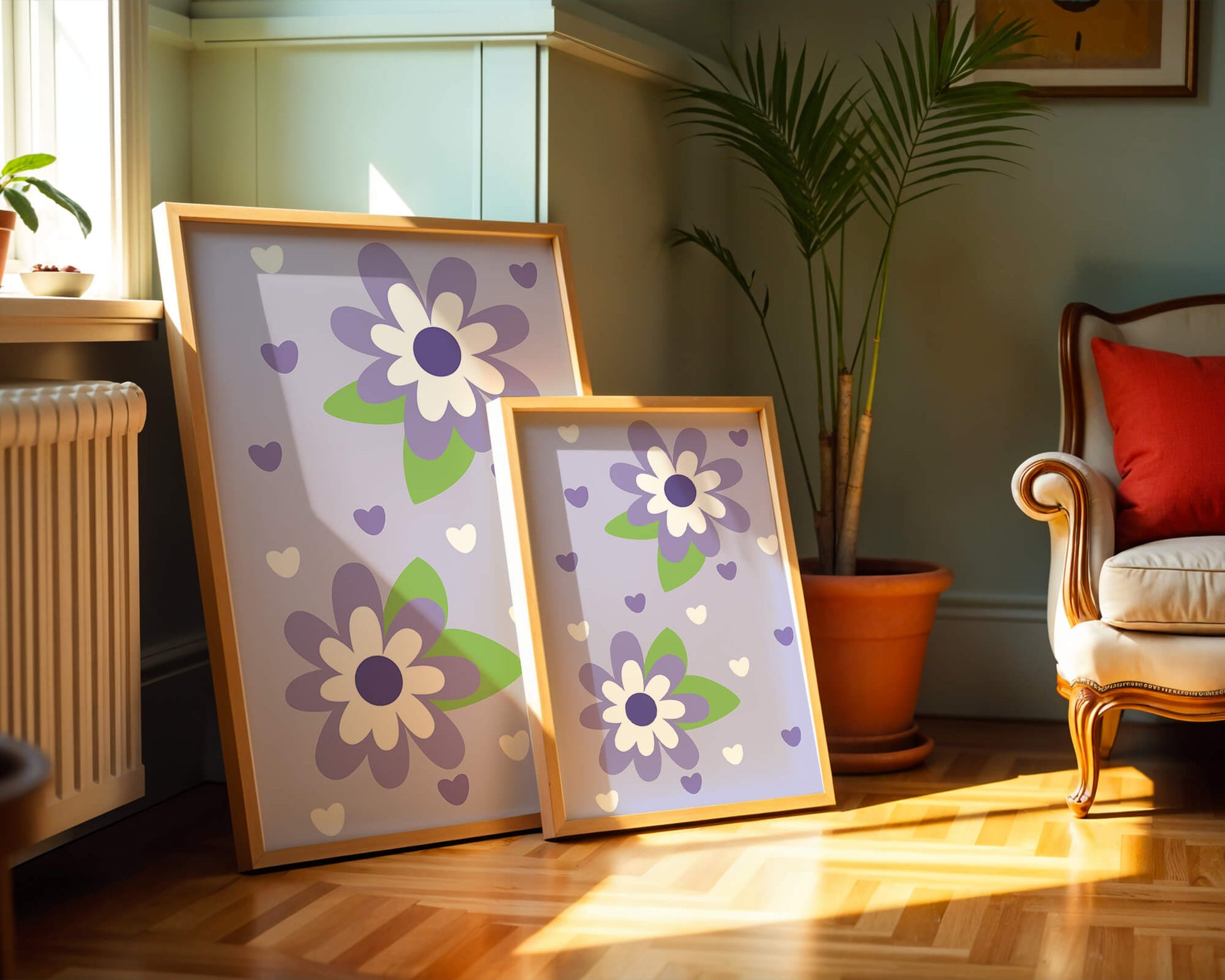 Elegant purple floral pattern with green leaves and heart accents