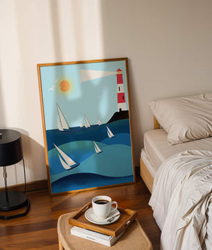 Coastal scene with sailboats and lighthouse on a bright sunny day