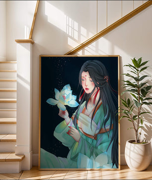 Elegant Woman Holding Glowing Lotus in Tranquil Nightscape