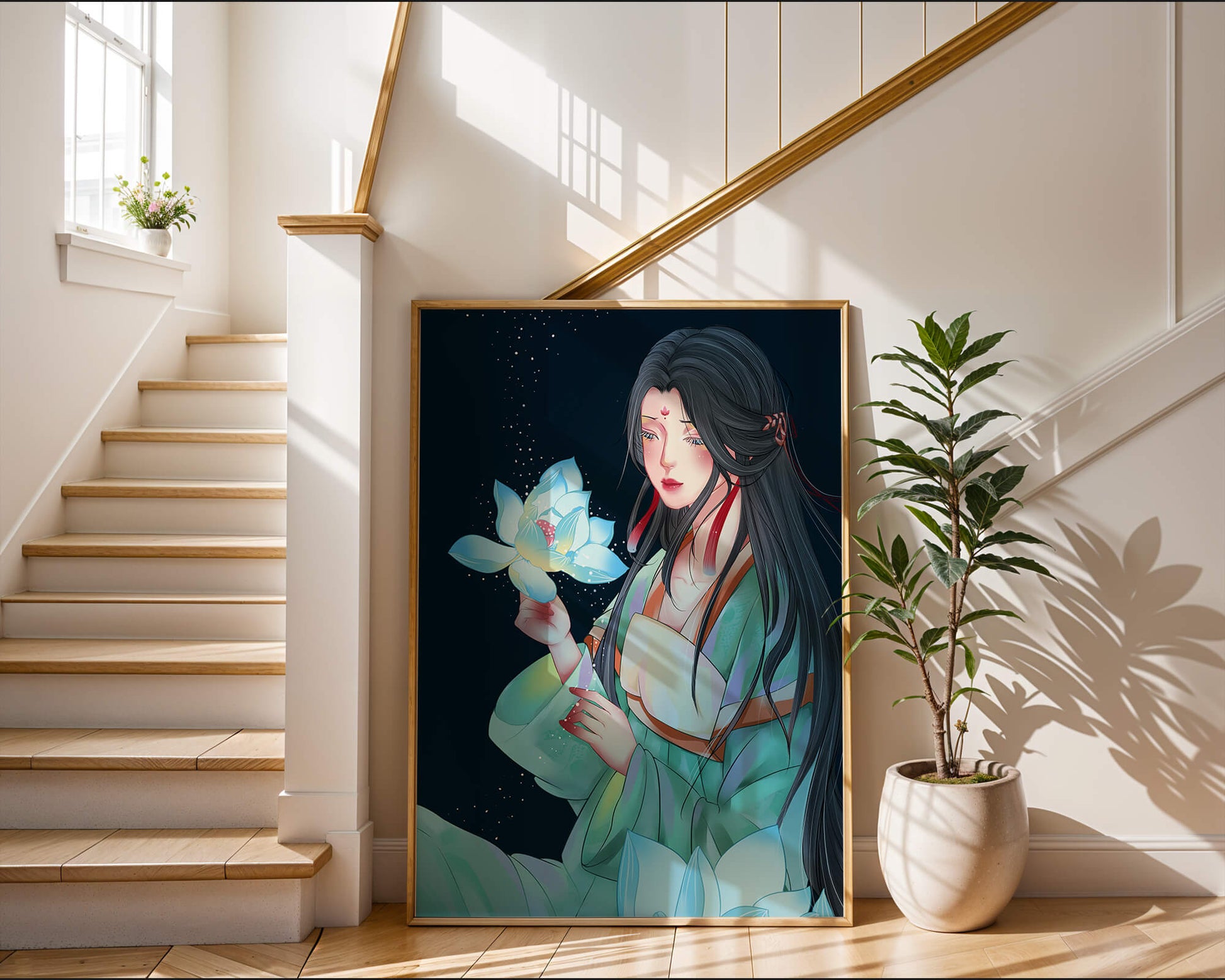 Elegant Woman Holding Glowing Lotus in Tranquil Nightscape