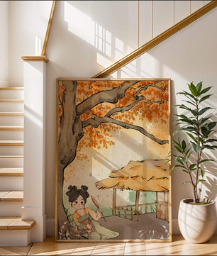 Escena de otoño con ilustración en estilo asiático tradicional