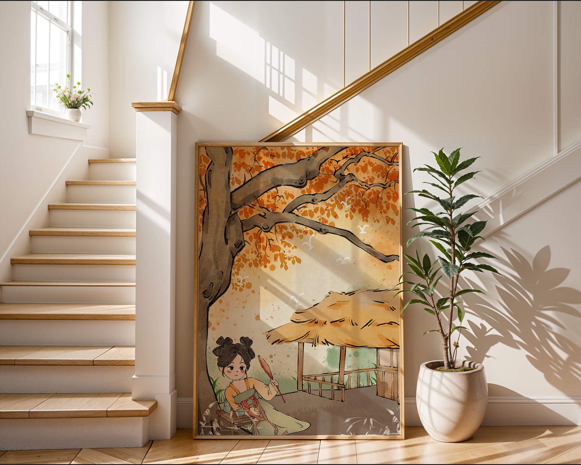 Escena de otoño con ilustración en estilo asiático tradicional