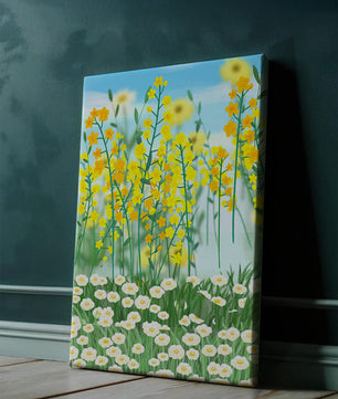 Frühlingwiese mit blühenden gelben und weißen Blumen