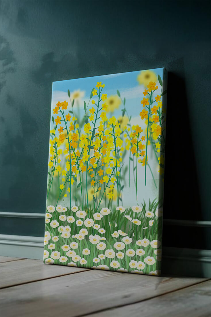 Springtime Meadow With Blooming Yellow And White Flowers