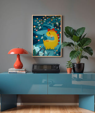 Golden Dinosaur in Enchanted Floral Forest
