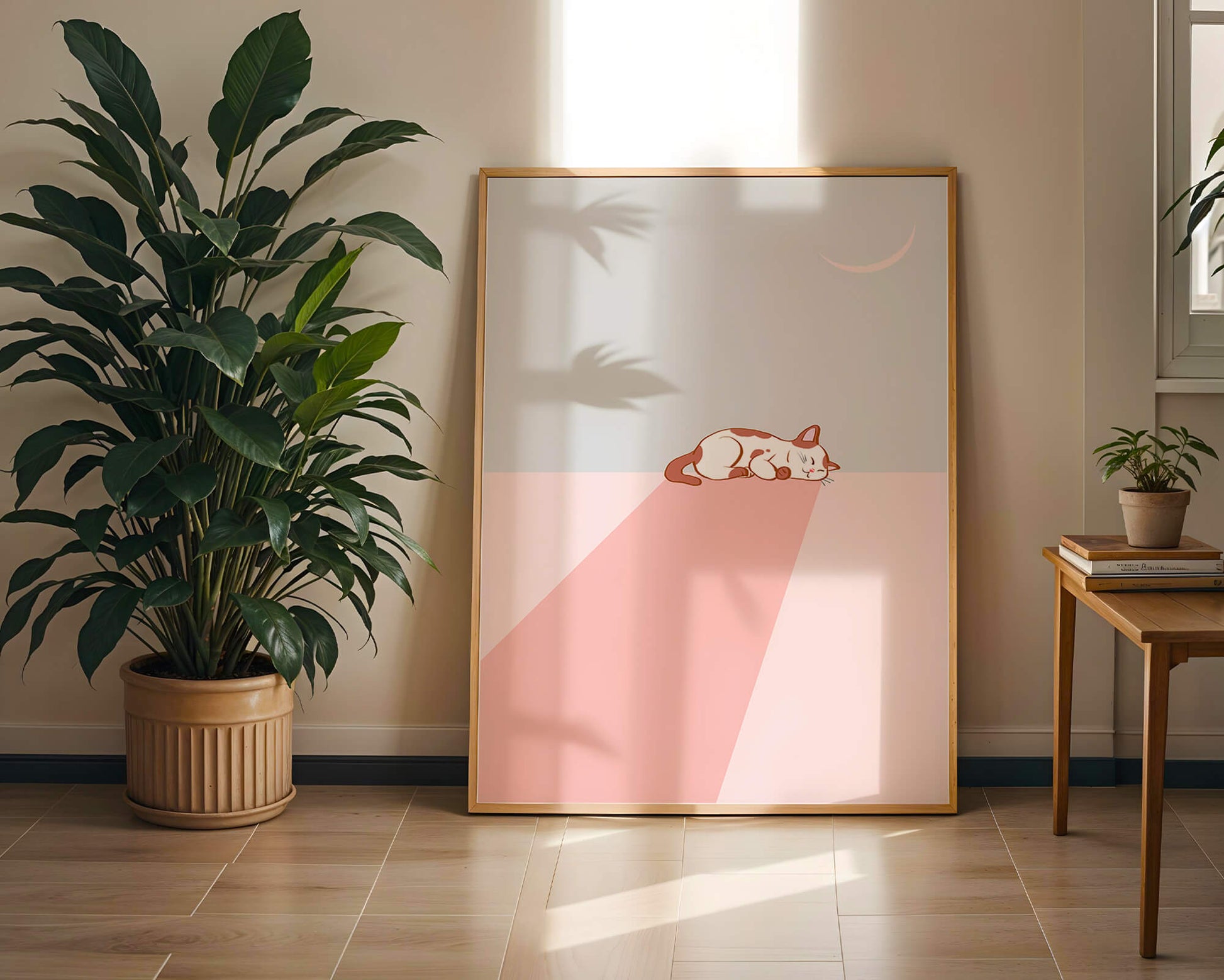 Sleeping Cat in Minimalistic Moonlit Scene