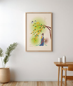 Traditional Chinese painting featuring a woman with flowers and butterflies